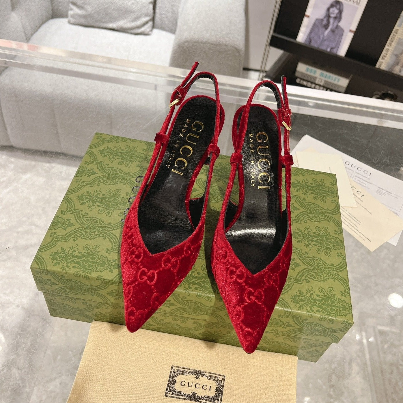 GUCCI SLINGBACK HIGH HEEL PUMP CHERRY VELVET