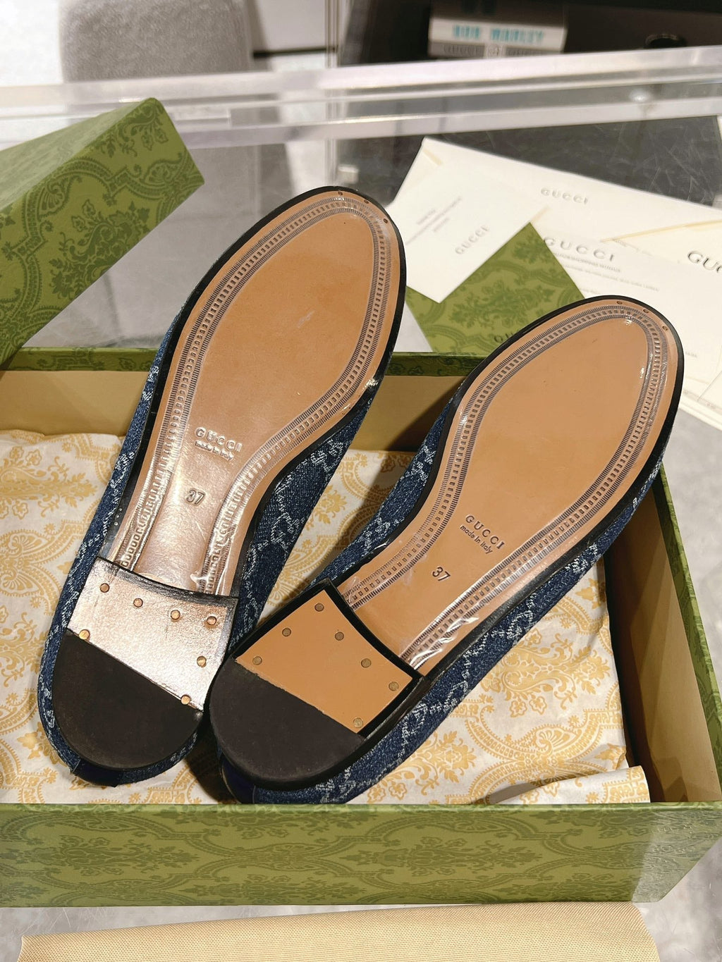 GUCCI MEN'S LOAFER WITH HORSEBIT IN DENIM BLUE MONOGRAM JACQUARD FABRIC