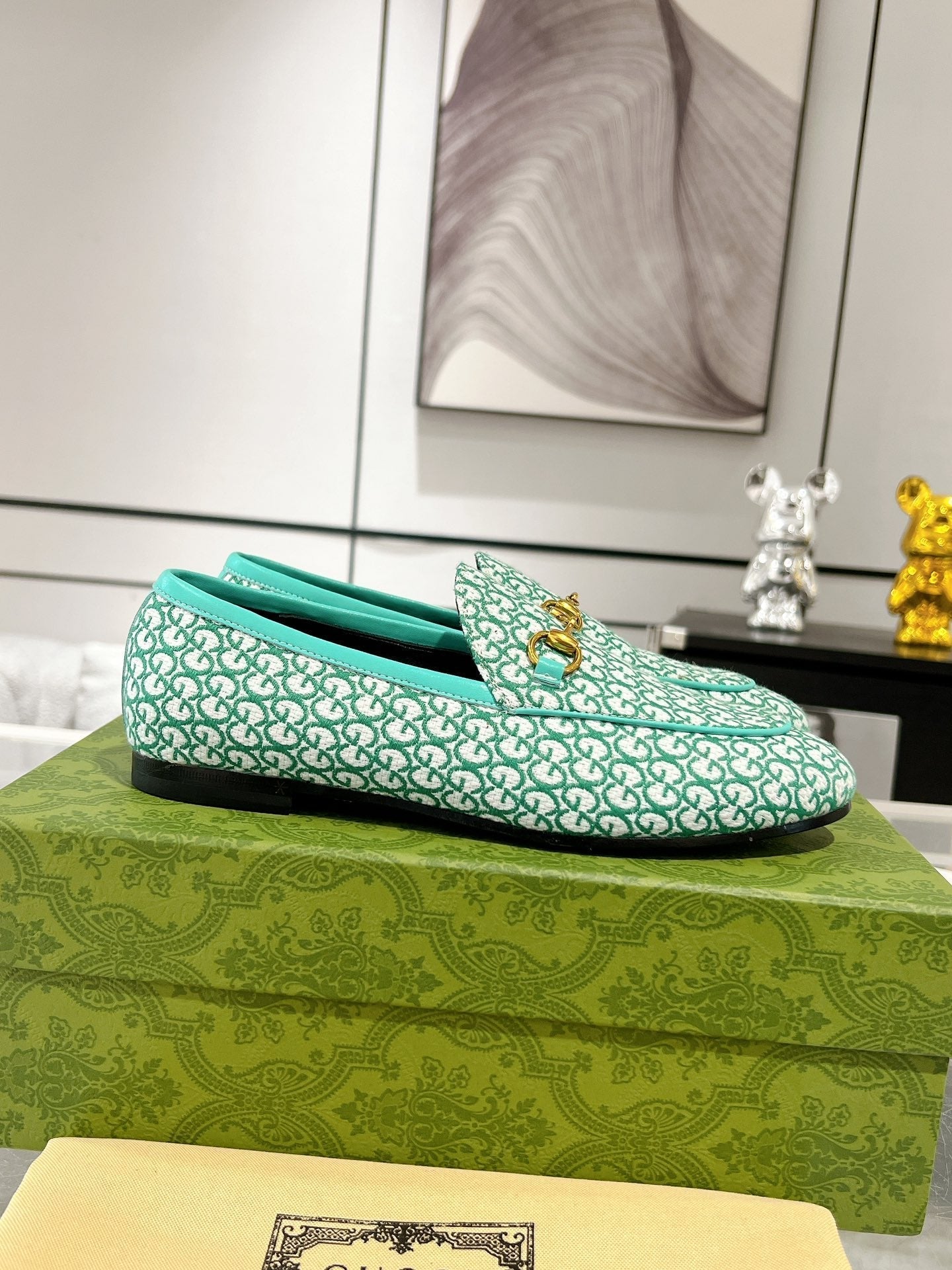 GUCCI MEN'S LOAFER WITH HORSEBIT IN MINT GREEN MONOGRAM JACQUARD FABRIC