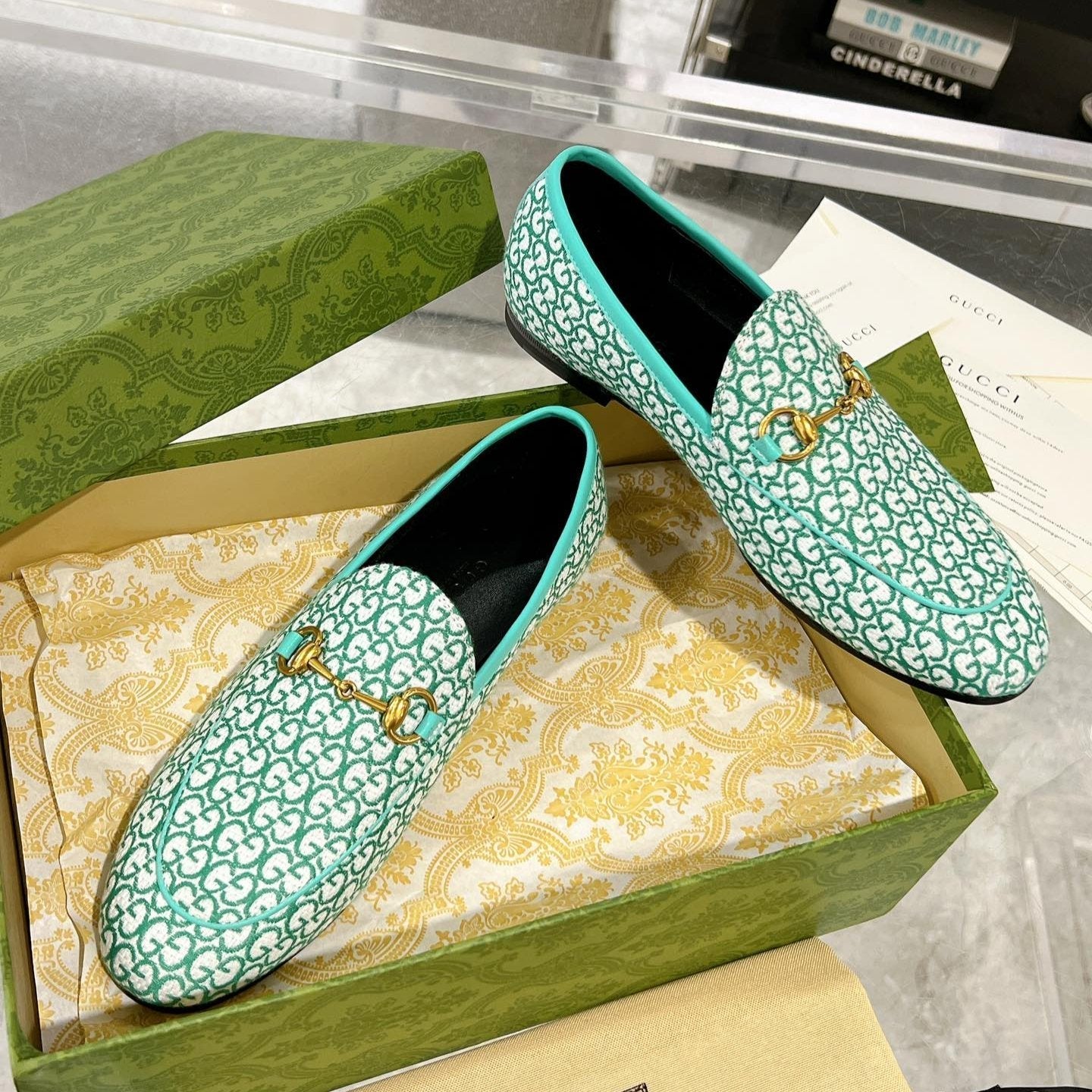 GUCCI MEN'S LOAFER WITH HORSEBIT IN MINT GREEN MONOGRAM JACQUARD FABRIC