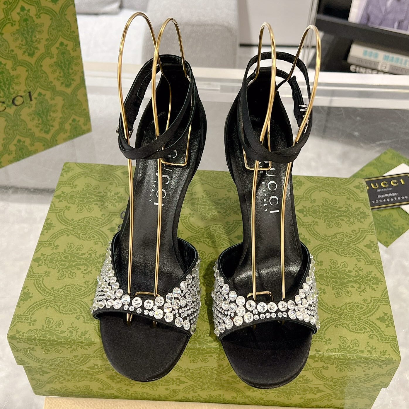 GUCCI CRYSTAL BLACK HIGH HEEL SANDALS SATIN