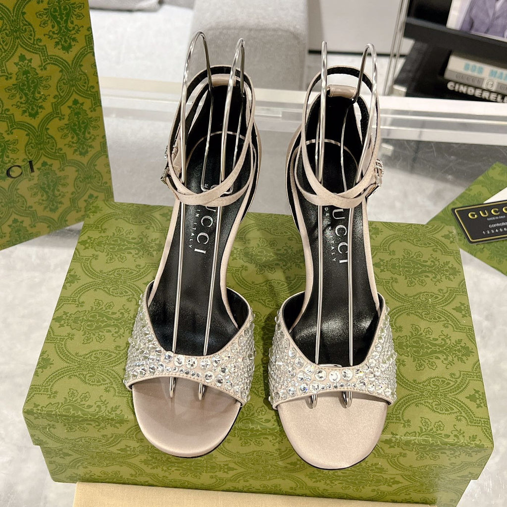 GUCCI CRYSTAL CREAM HIGH HEEL SANDALS SATIN
