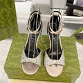 GUCCI CRYSTAL CREAM HIGH HEEL SANDALS SATIN