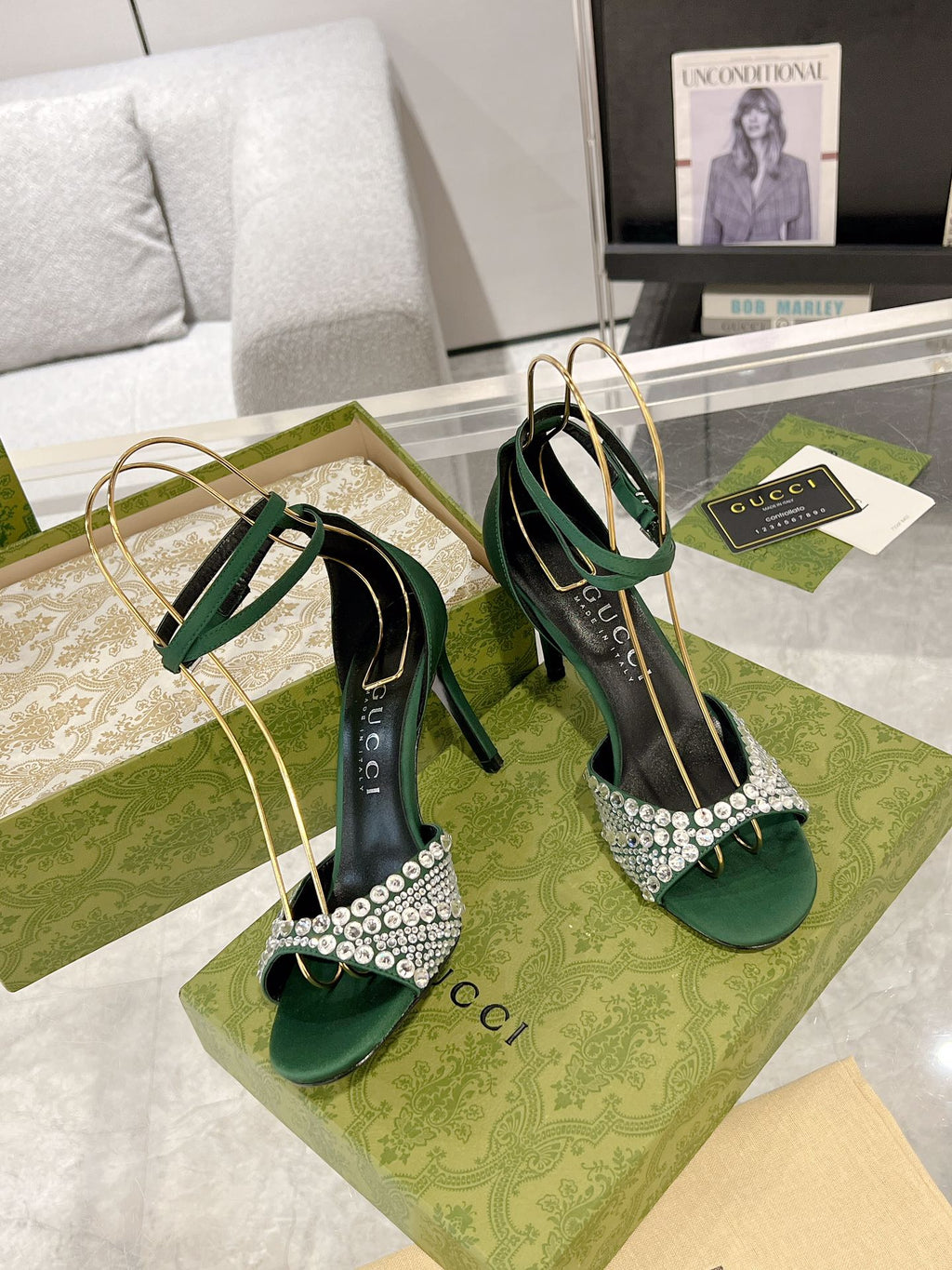 GUCCI CRYSTAL ASTLETON GREEN HIGH HEEL SANDALS SATIN