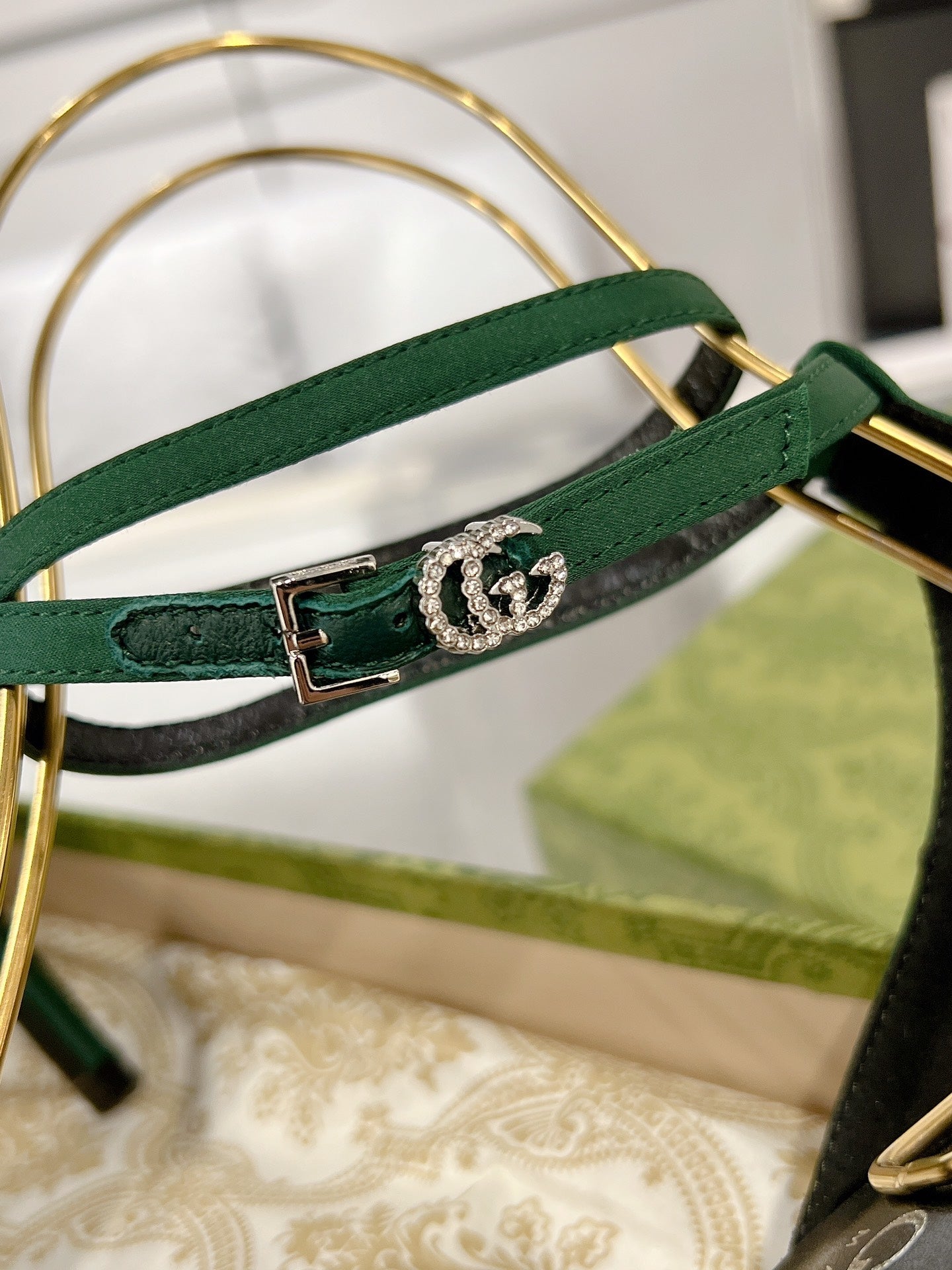 GUCCI CRYSTAL ASTLETON GREEN HIGH HEEL SANDALS SATIN