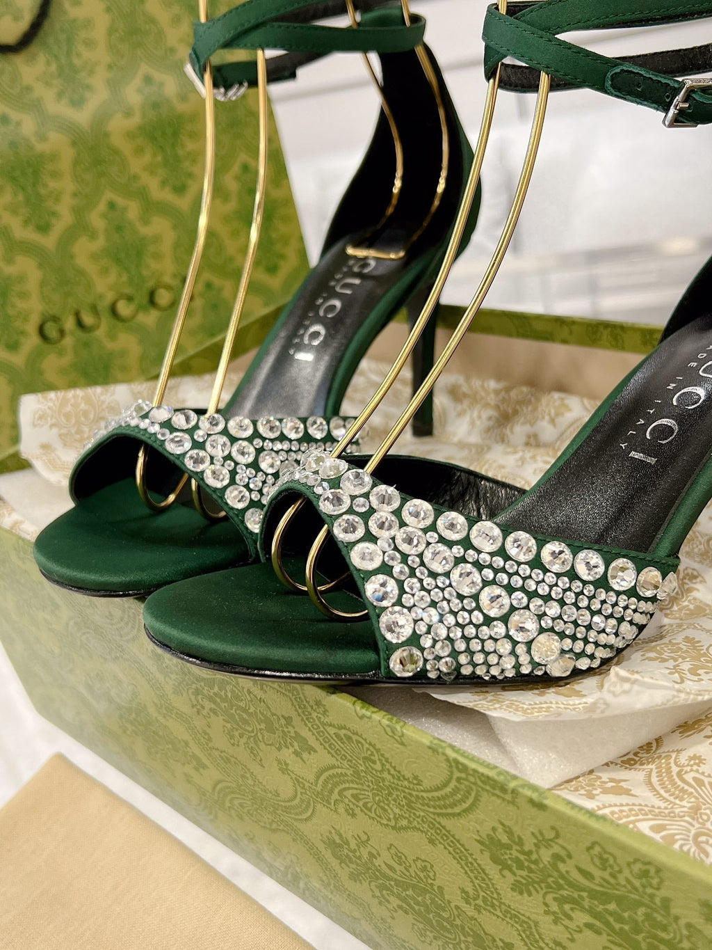GUCCI CRYSTAL ASTLETON GREEN HIGH HEEL SANDALS SATIN