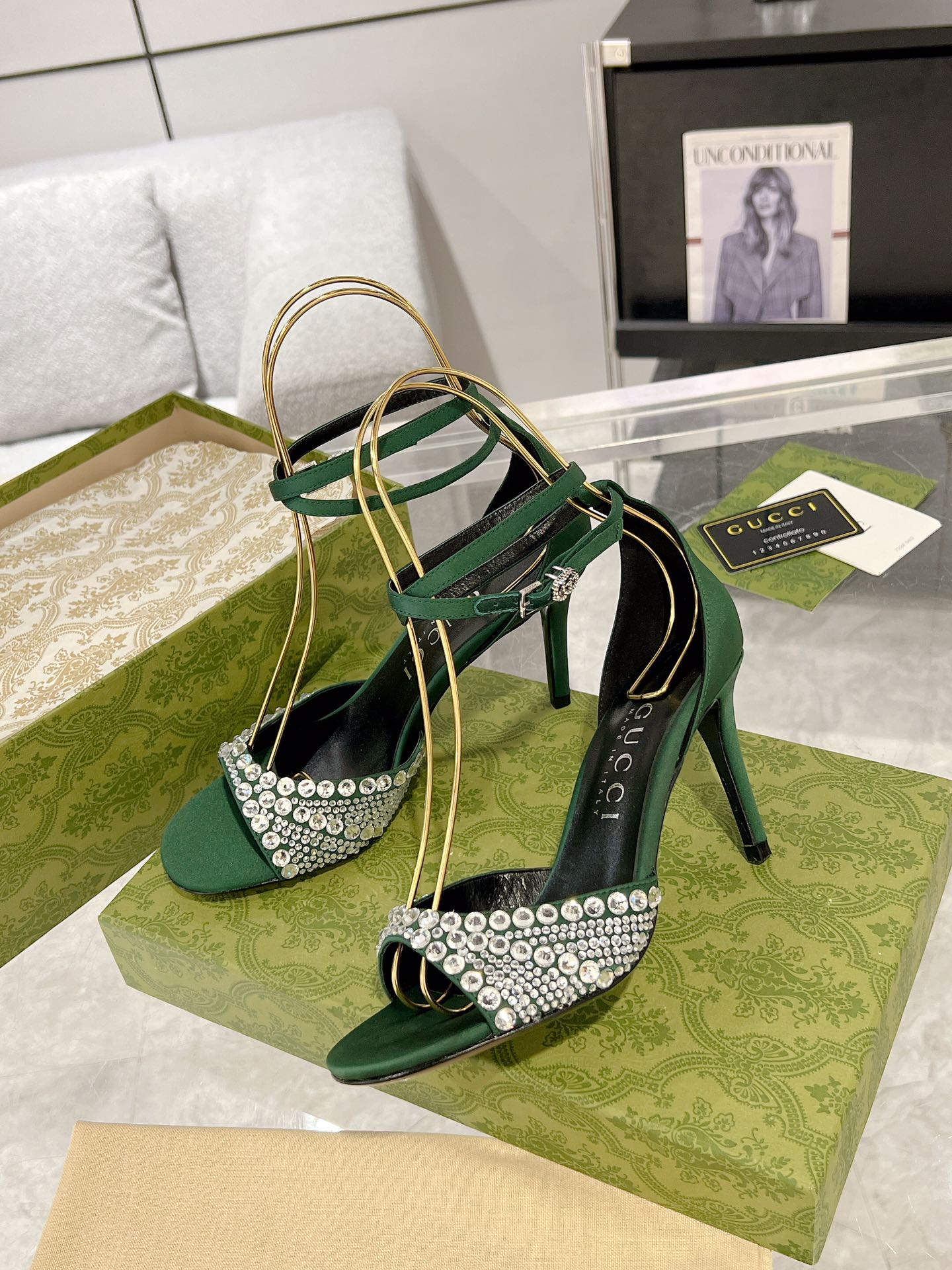 GUCCI CRYSTAL ASTLETON GREEN HIGH HEEL SANDALS SATIN
