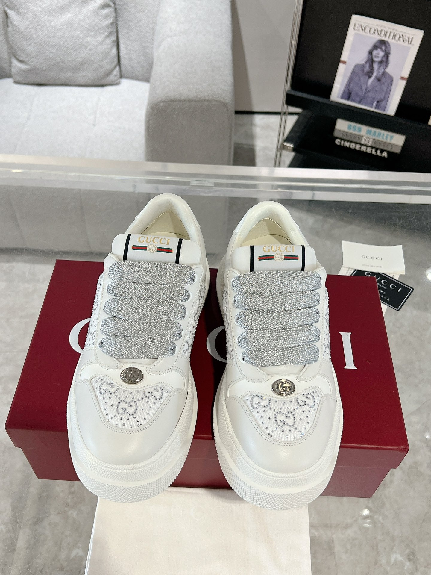 GUCCI SCREENER SNEAKER WITH CRYSTALS IN IVORY BEIGE MIX RHINO GRAY CALFSKIN