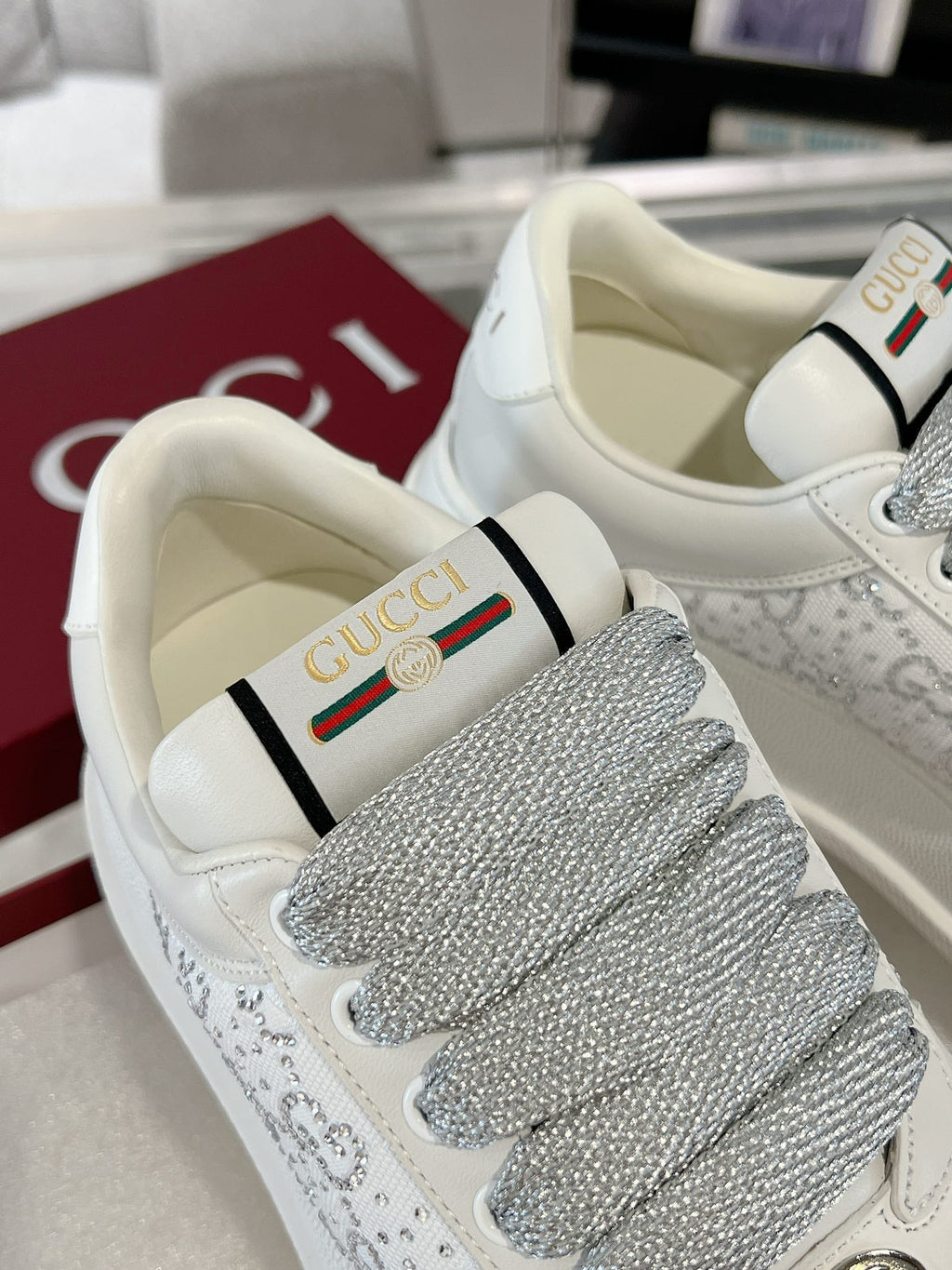 GUCCI SCREENER SNEAKER WITH CRYSTALS IN IVORY BEIGE MIX RHINO GRAY CALFSKIN