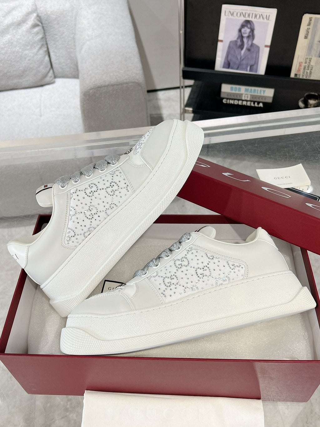 GUCCI SCREENER SNEAKER WITH CRYSTALS IN IVORY BEIGE MIX RHINO GRAY CALFSKIN