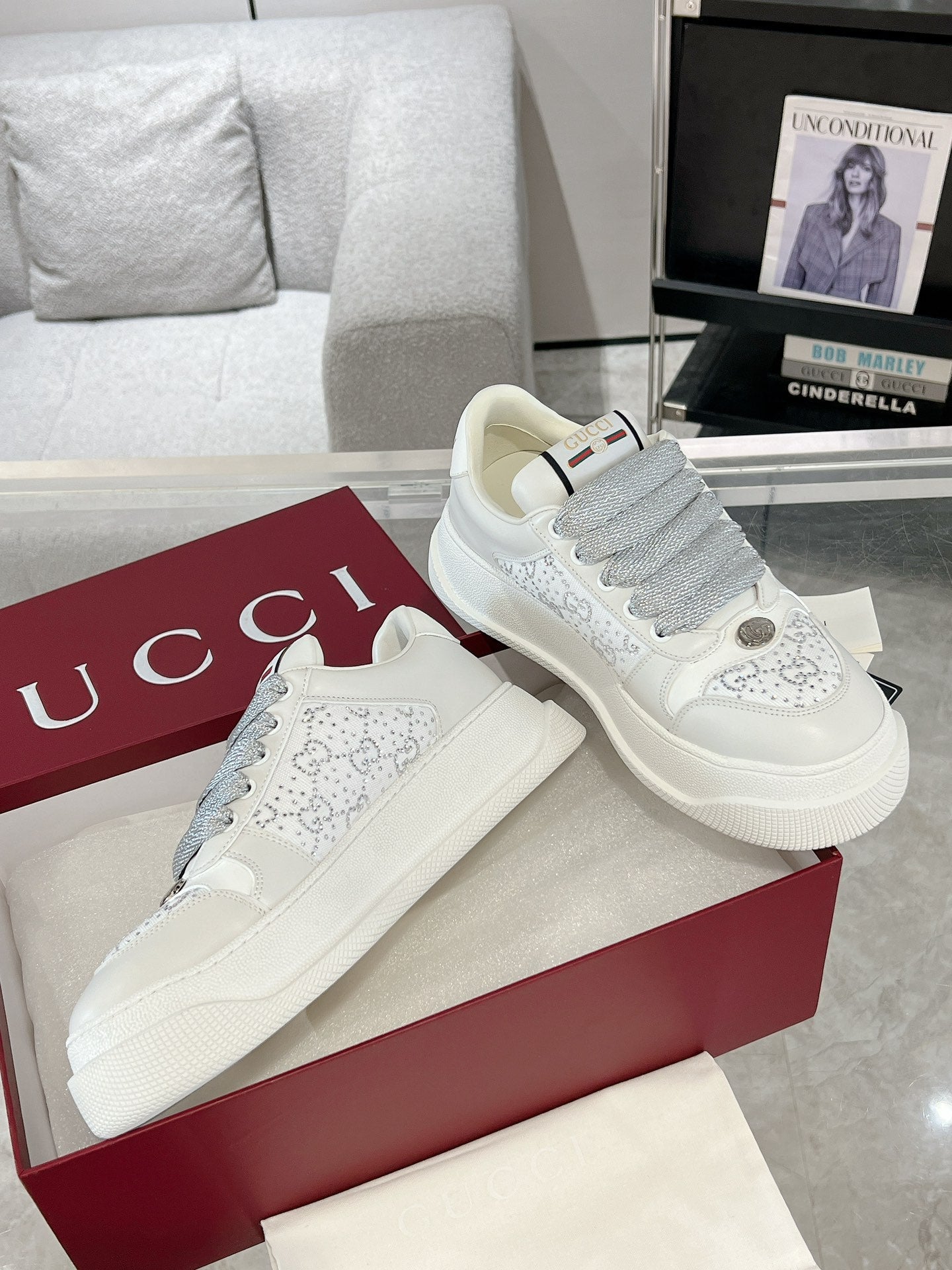 GUCCI SCREENER SNEAKER WITH CRYSTALS IN IVORY BEIGE MIX RHINO GRAY CALFSKIN