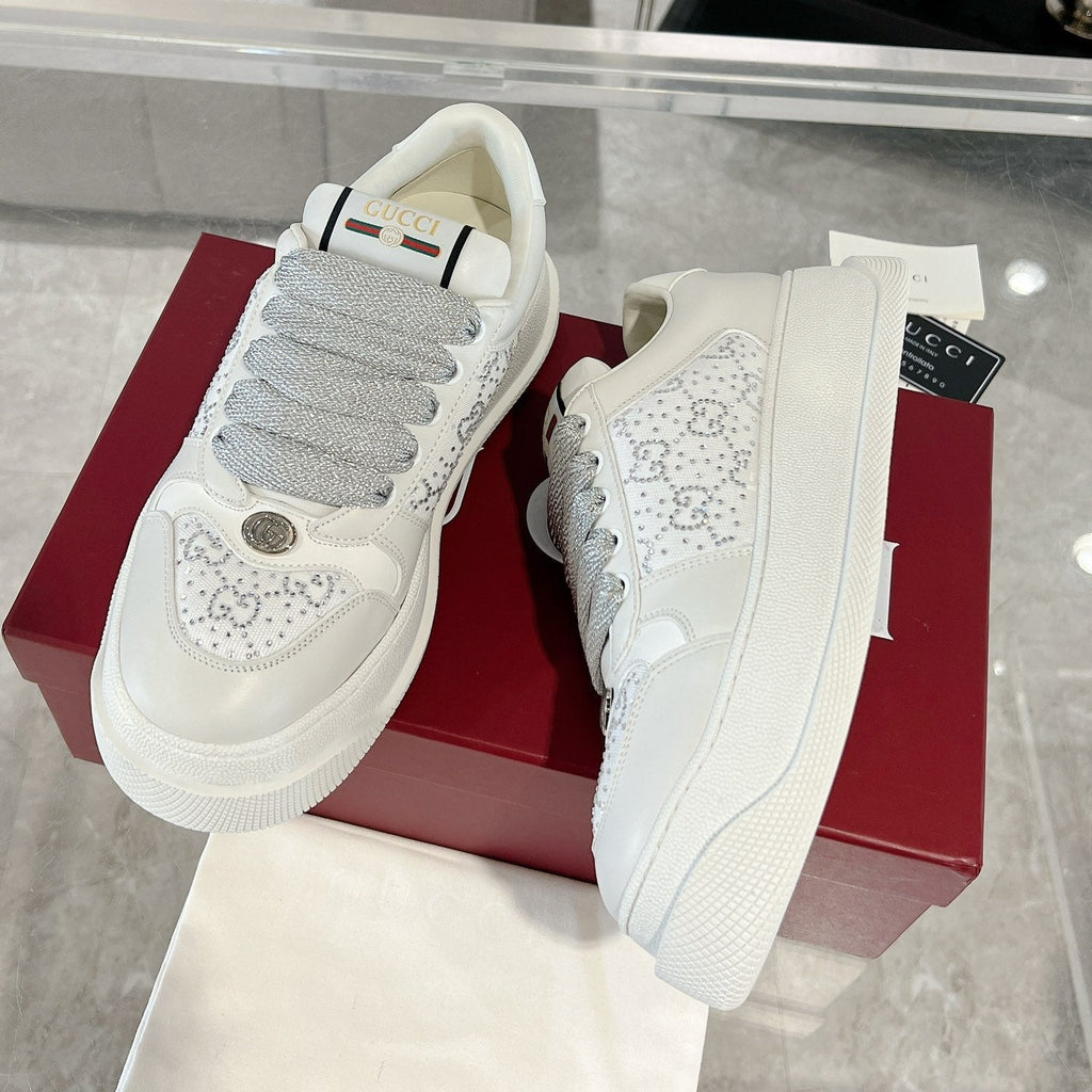 GUCCI SCREENER SNEAKER WITH CRYSTALS IN IVORY BEIGE MIX RHINO GRAY CALFSKIN