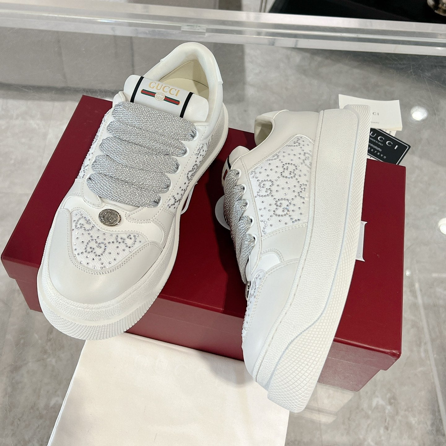 GUCCI SCREENER SNEAKER WITH CRYSTALS IN IVORY BEIGE MIX RHINO GRAY CALFSKIN