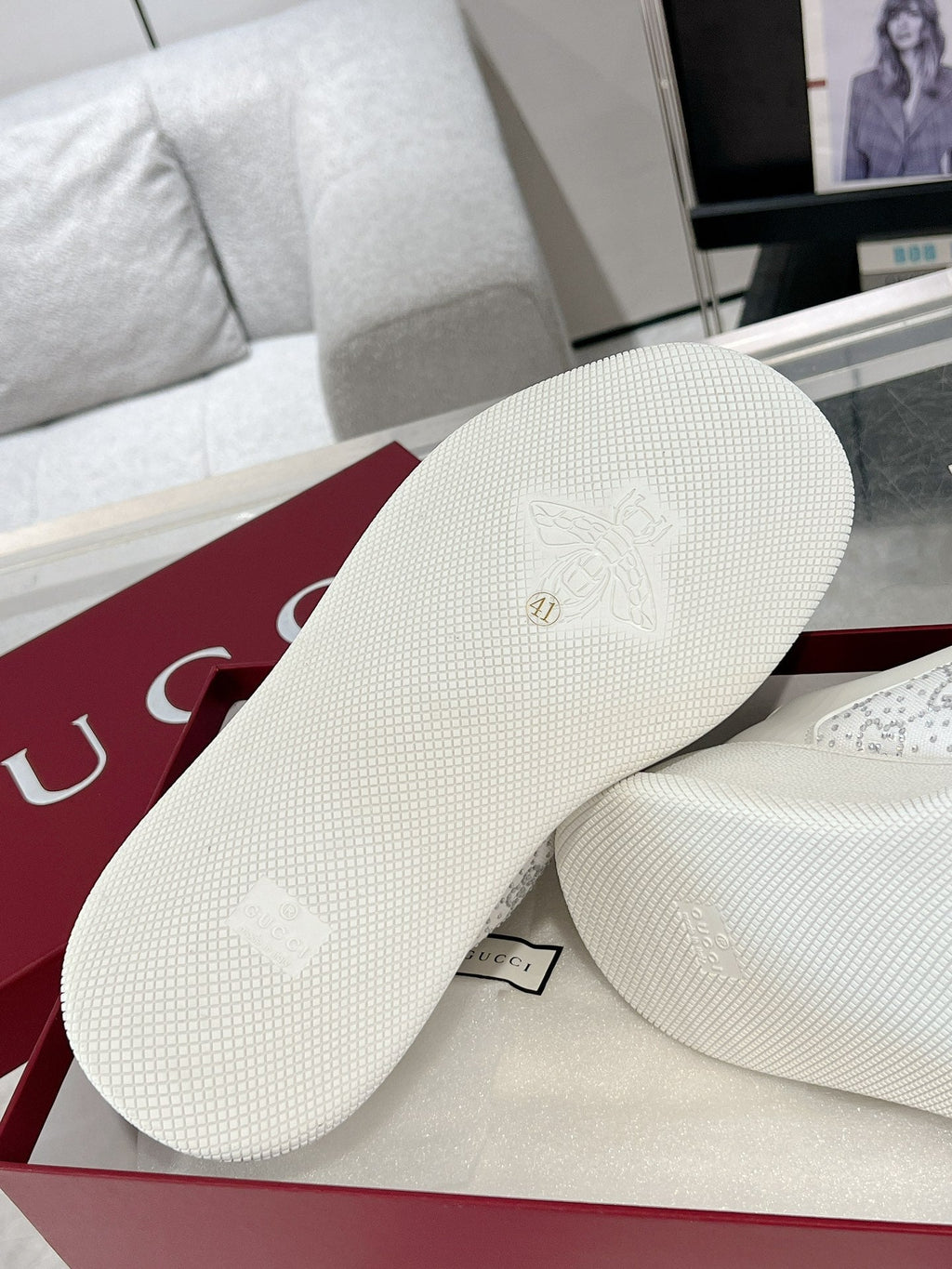 GUCCI SCREENER SNEAKER WITH CRYSTALS IN IVORY BEIGE MIX RHINO GRAY CALFSKIN