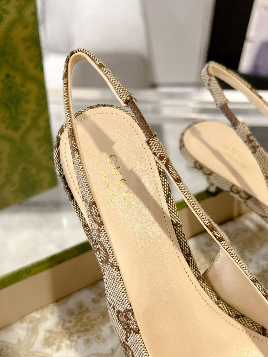 GUCCI MID-HEELED SLINGBACK 4.5 CM IN TAN BEIGE CANVAS