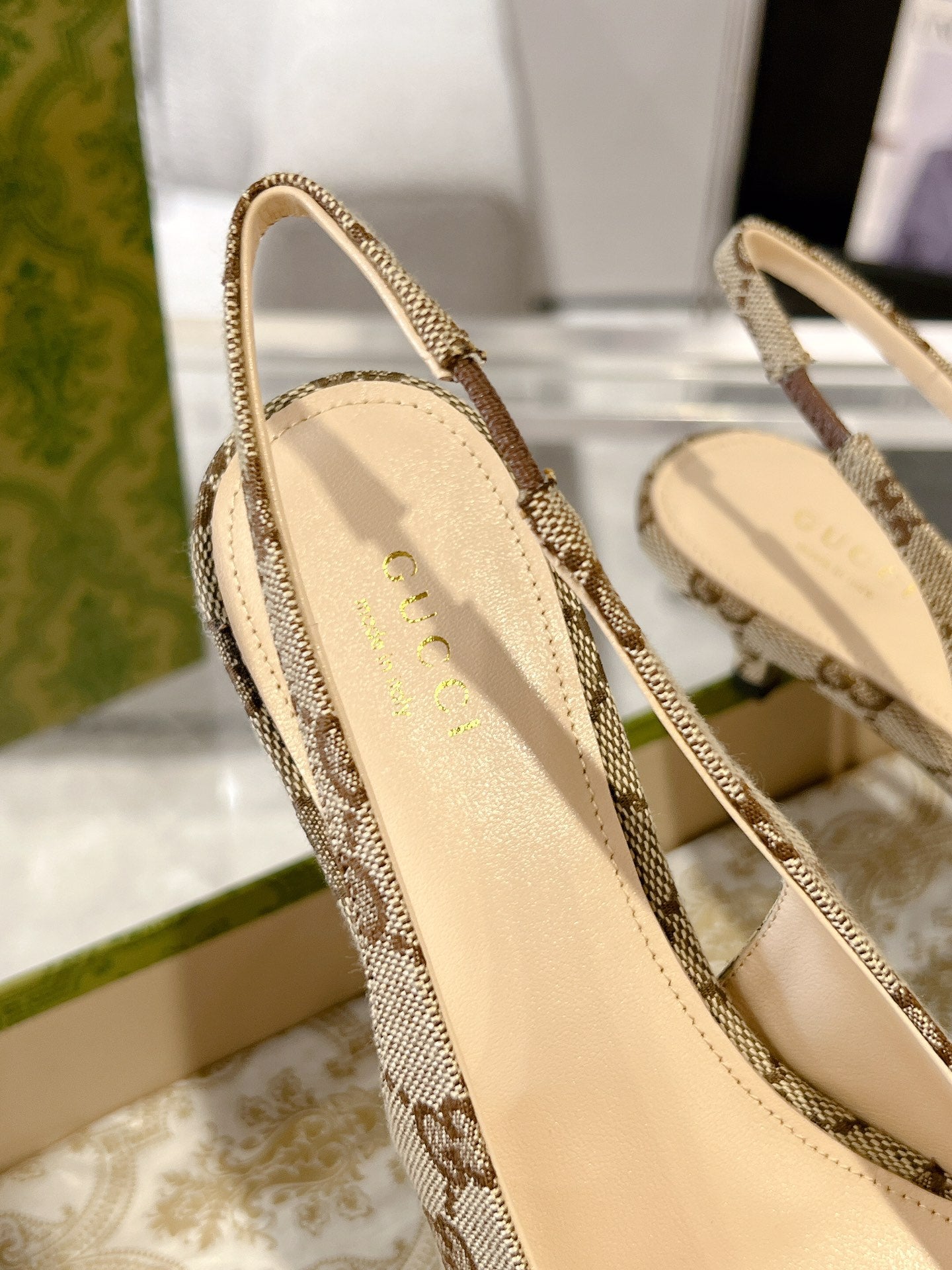 GUCCI MID-HEELED SLINGBACK 4.5 CM IN TAN BEIGE CANVAS