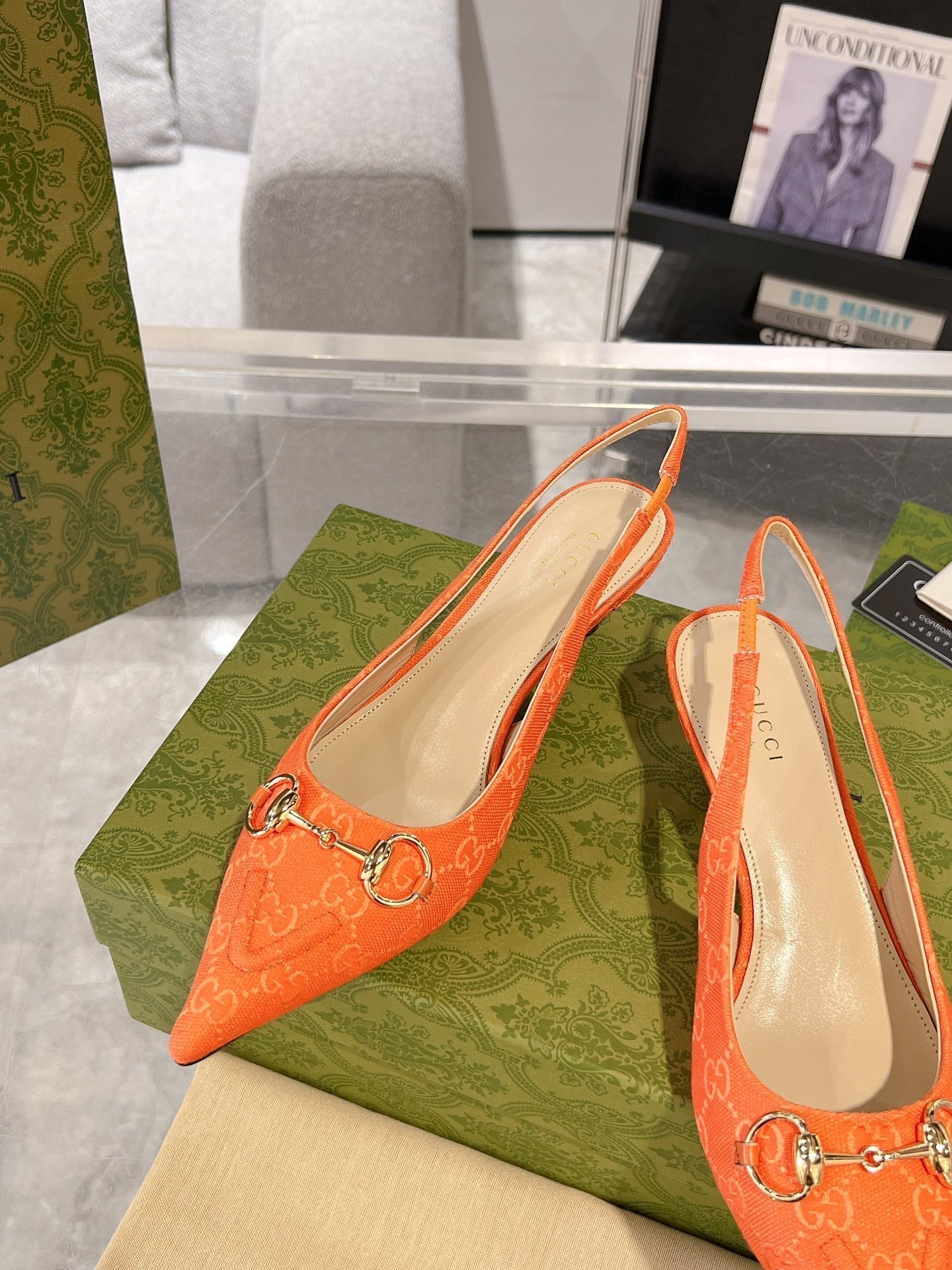 GUCCI MID-HEELED SLINGBACK 4.5 CM IN ORANGE CANVAS