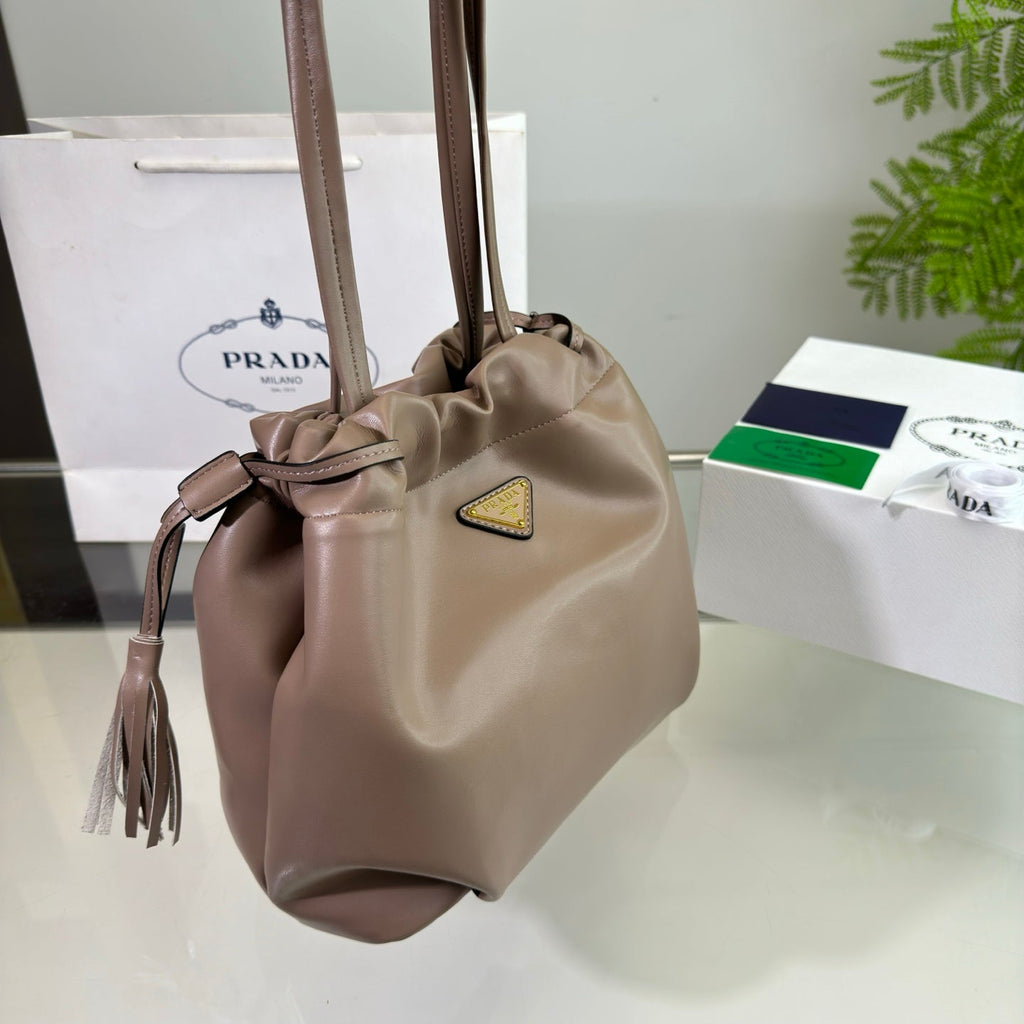 PRADA DRAWSTRING BUCKET BAG 25 IN BROWN BEAR SOFT LAMBSKIN