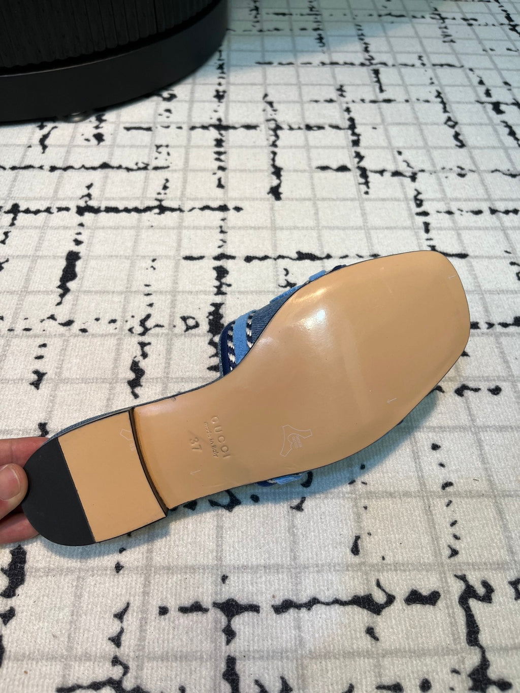 GUCCI SLIDE SANDAL WITH  SCRIPT TEAL DENIM