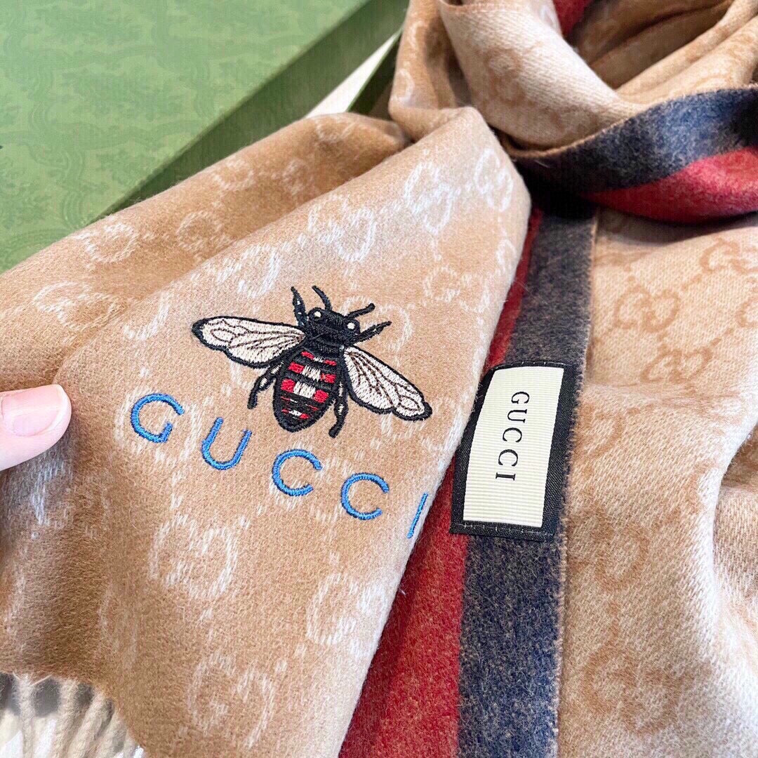 GUCCI STRIPED SCARF 200 CM IN TAWNY BROWN CASHMERE WITH EMBROIDERED BEE 398532