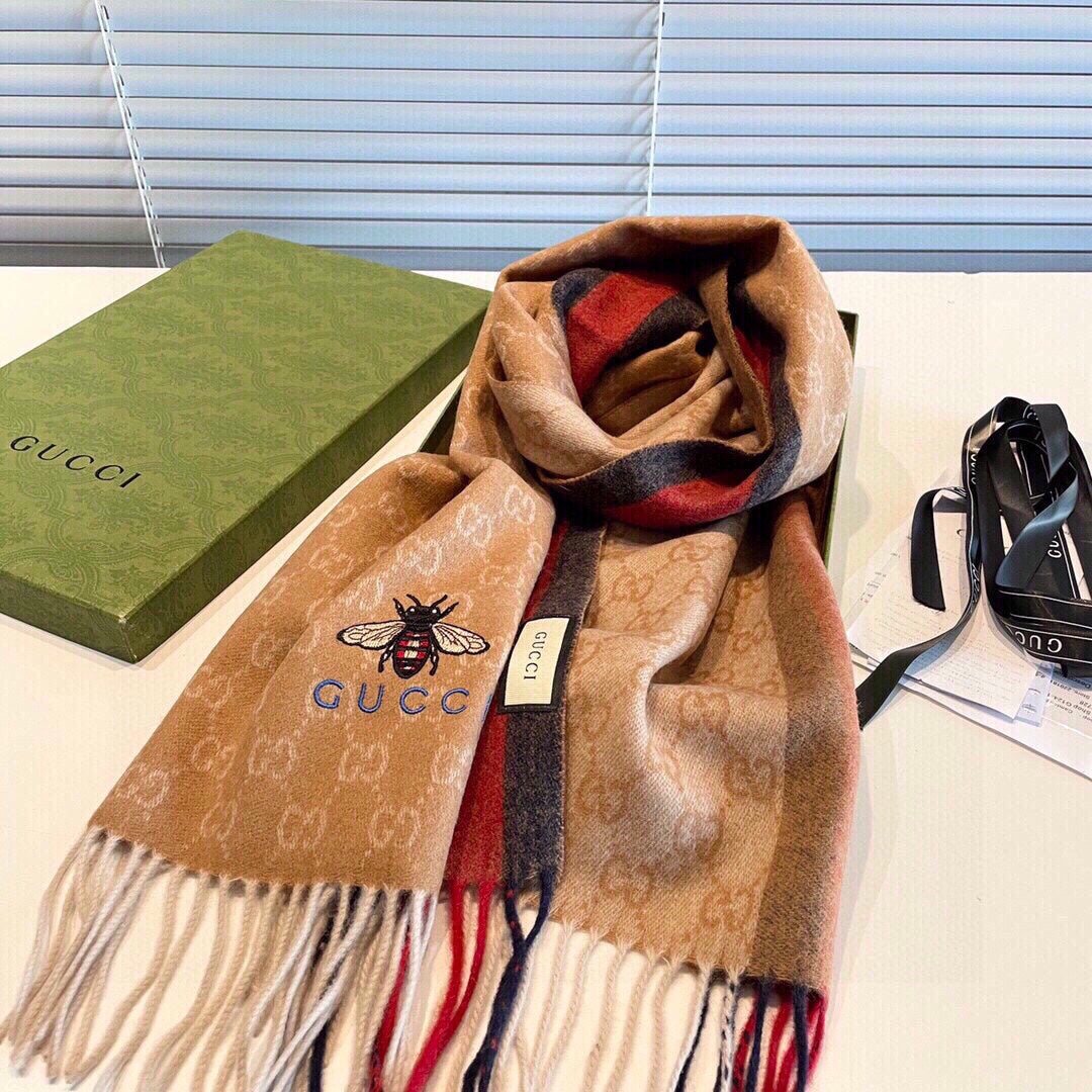 GUCCI STRIPED SCARF 200 CM IN TAWNY BROWN CASHMERE WITH EMBROIDERED BEE 398532