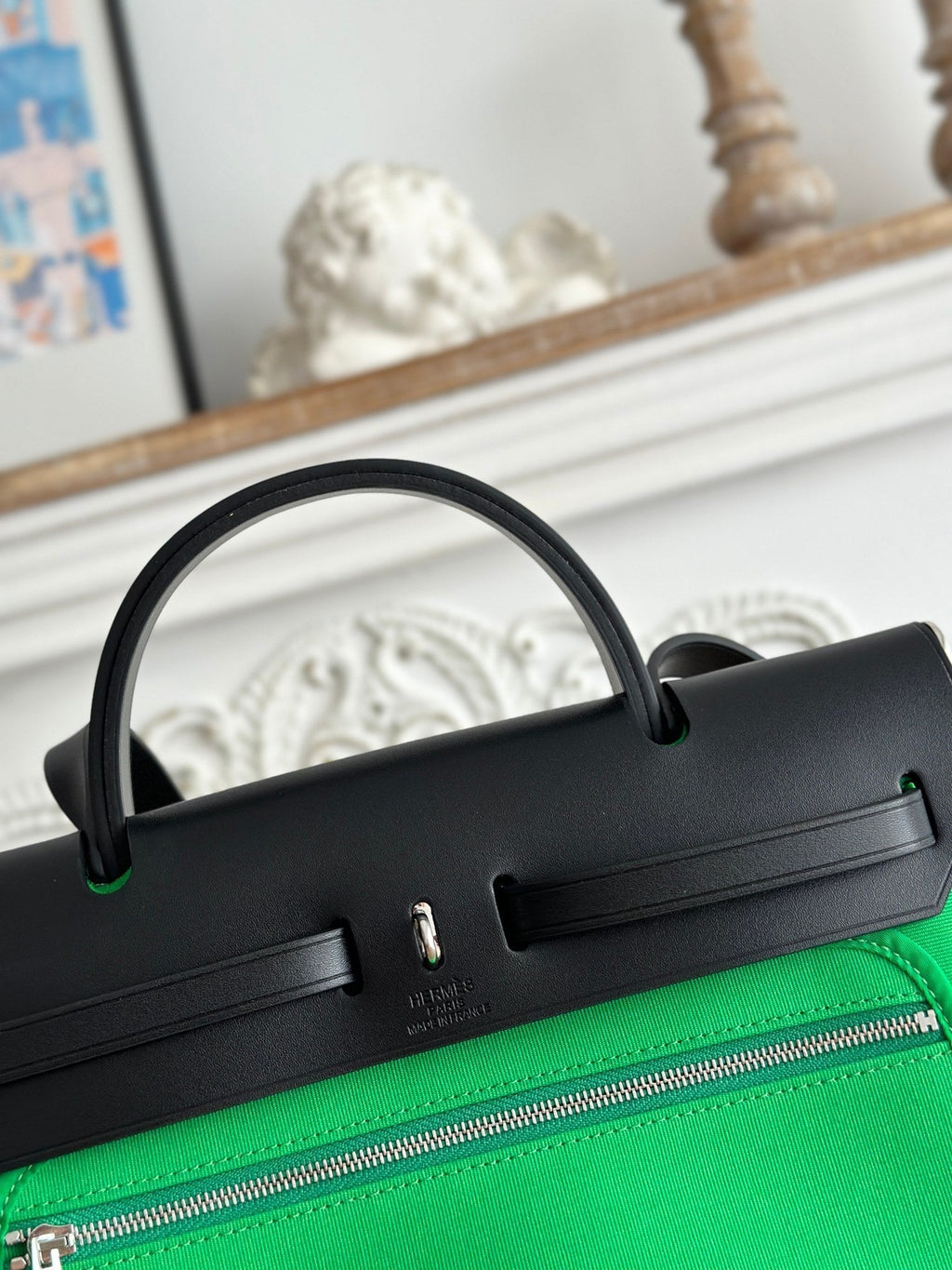 HERMES ZIP CABINE 31 BAG IN EMERALD GREEN CANVAS AND BLACK CALFSKIN