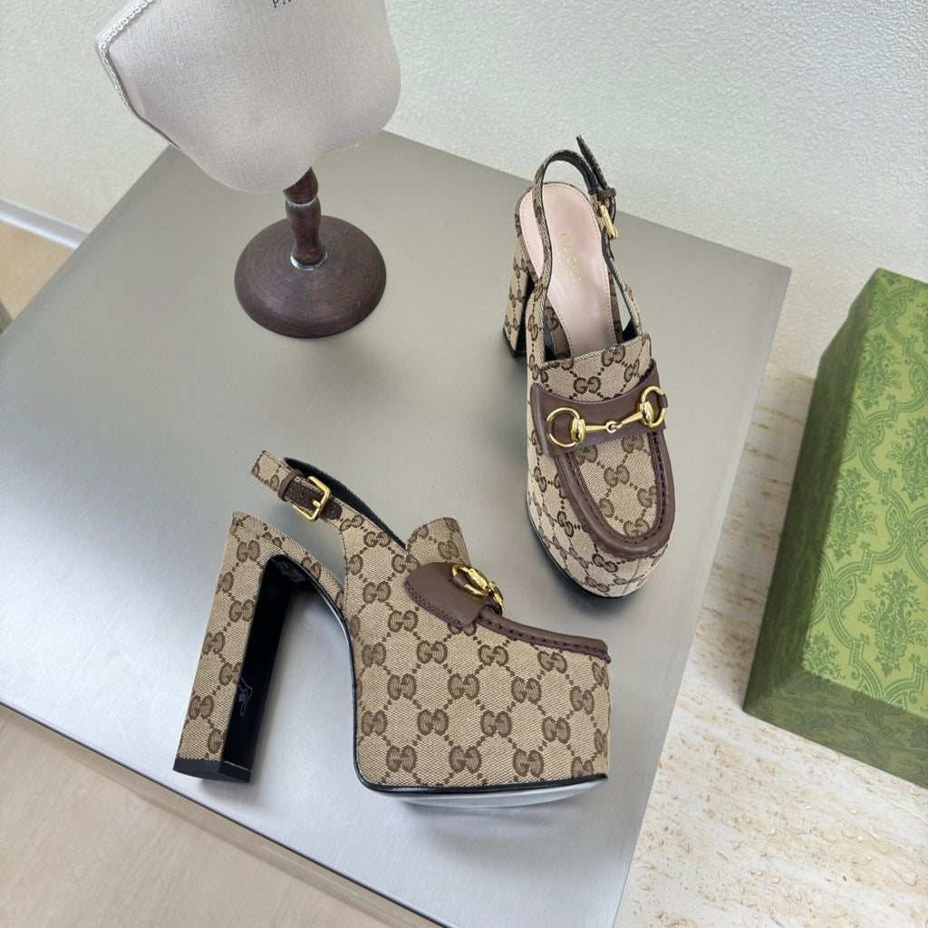 GUCCI WOMEN'S HORSEBIT PLATFORM LOAFER SLINGBACK IN TAN BEIGE CANVAS