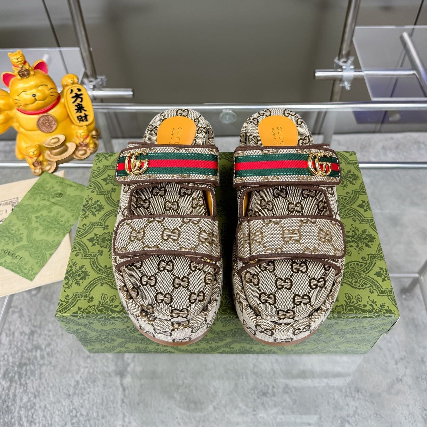 GUCCI SANDALS 22 IN BEIGE FABRIC WITH GOLD HARDWARE