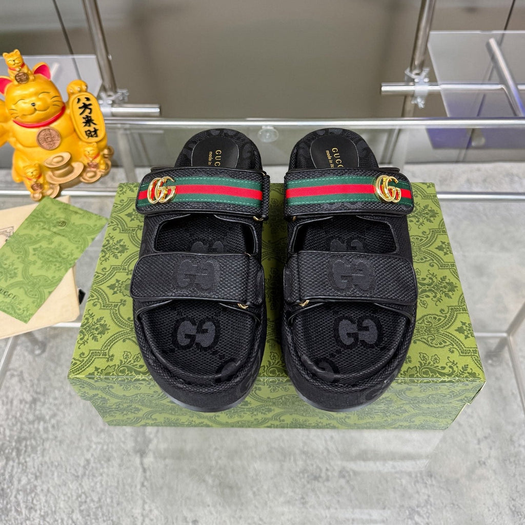 GUCCI SANDALS 22 IN BLACK FABRIC WITH GOLD HARDWARE