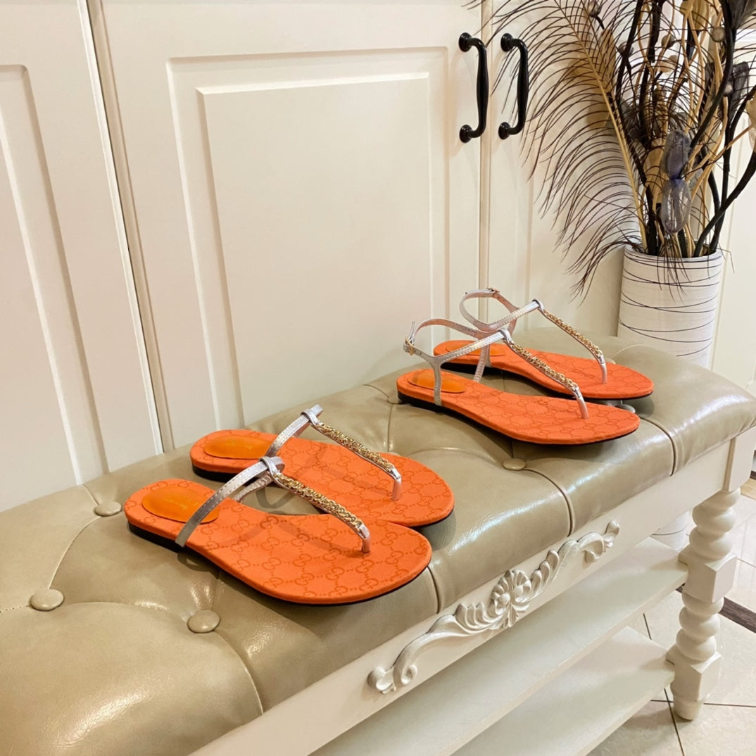 GUCCI SIGNORINA THONG SANDALS IN ORANGE MIX SILVER SHEEPSKIN