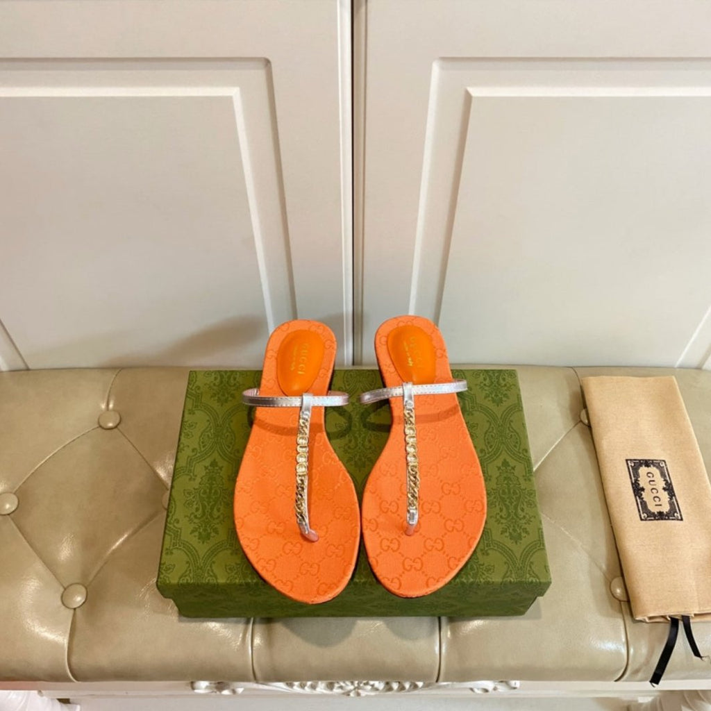 GUCCI SIGNORINA THONG SANDALS IN ORANGE MIX SILVER SHEEPSKIN