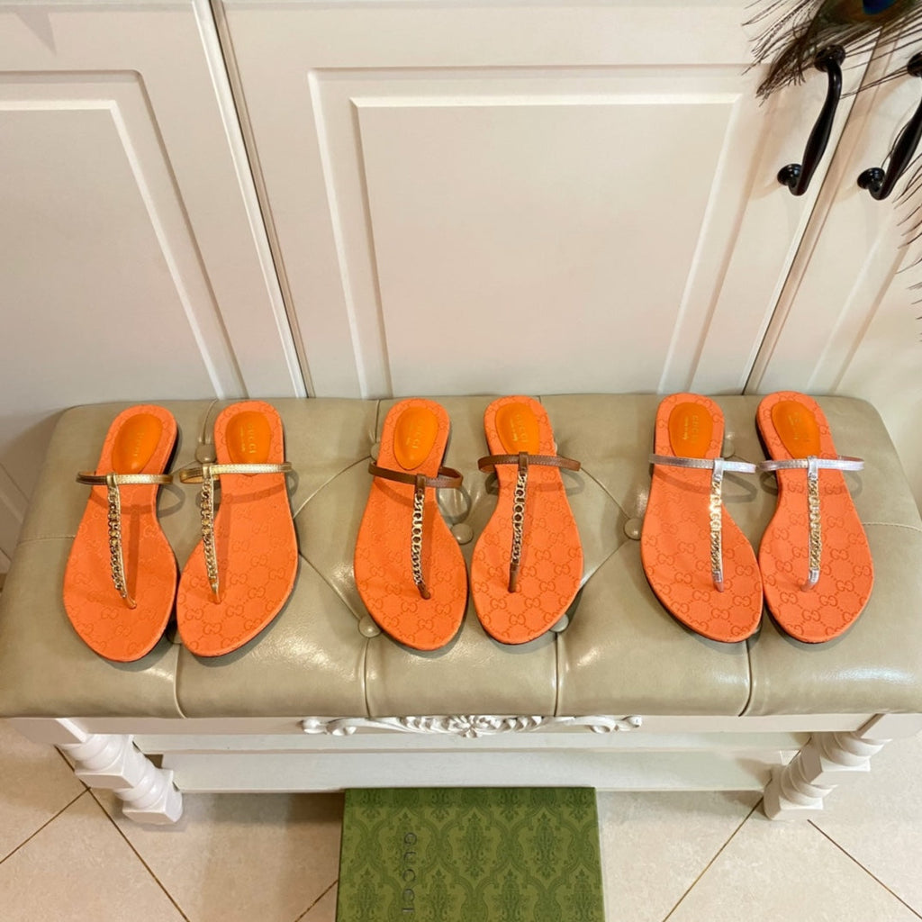 GUCCI SIGNORINA THONG SANDALS IN ORANGE MIX SILVER SHEEPSKIN