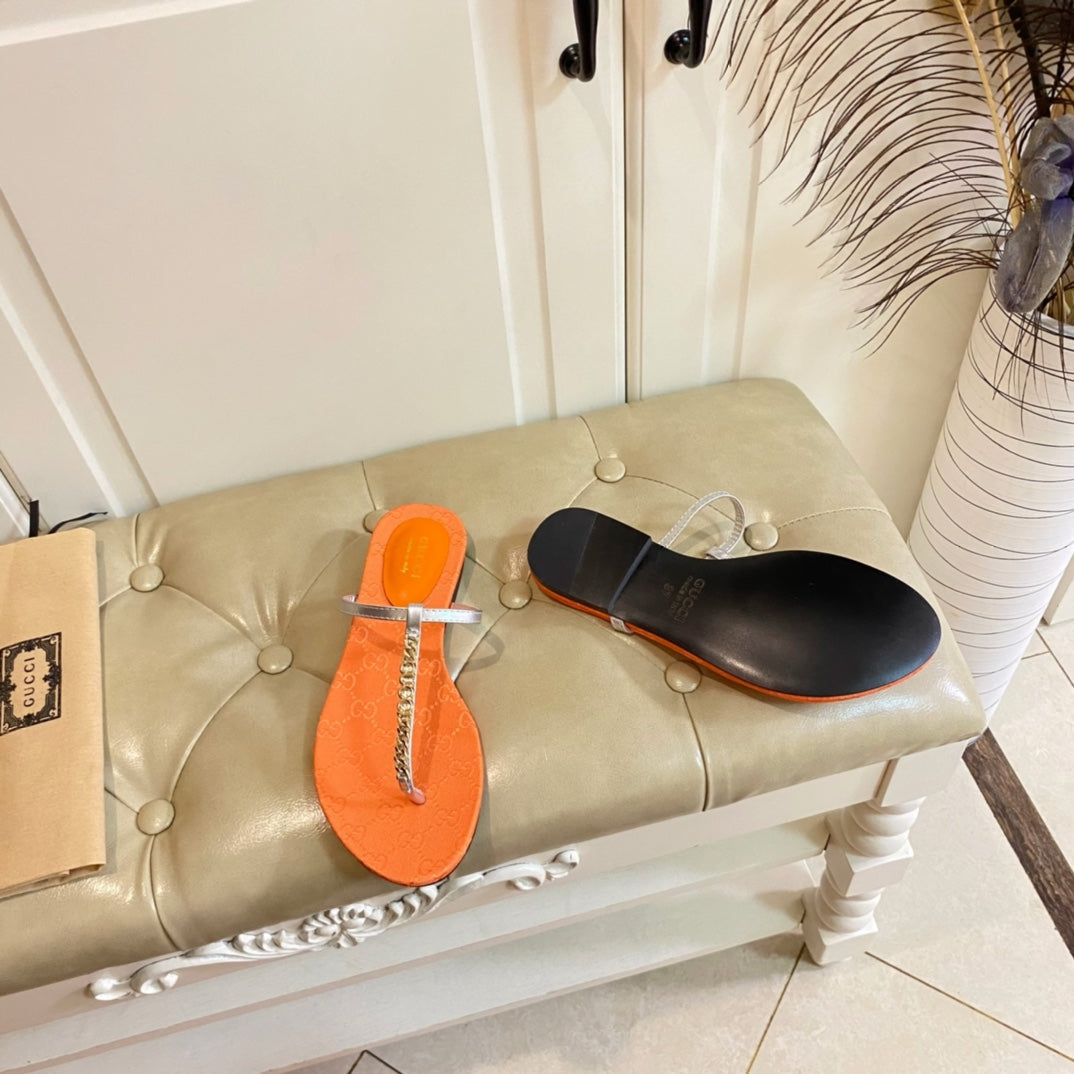 GUCCI SIGNORINA THONG SANDALS IN ORANGE MIX SILVER SHEEPSKIN