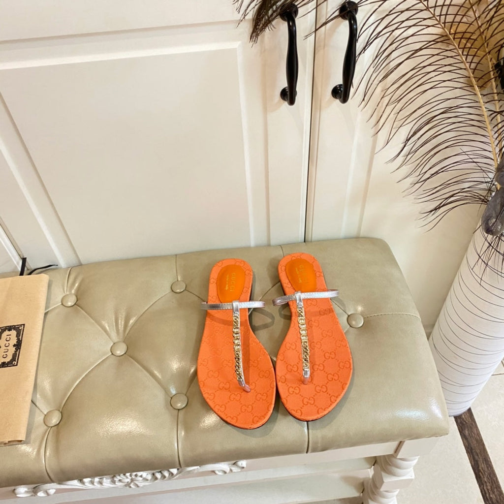 GUCCI SIGNORINA THONG SANDALS IN ORANGE MIX SILVER SHEEPSKIN