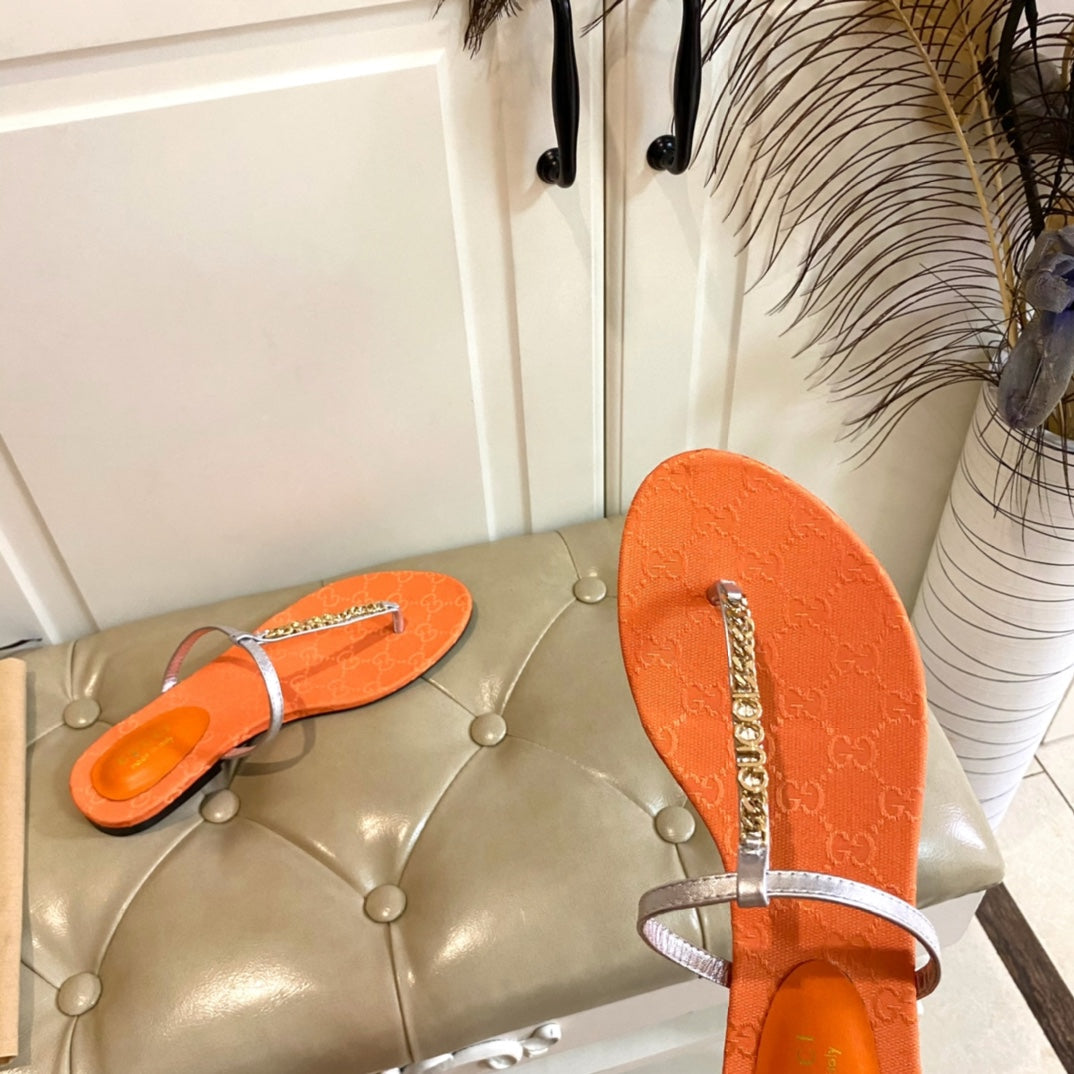GUCCI SIGNORINA THONG SANDALS IN ORANGE MIX SILVER SHEEPSKIN