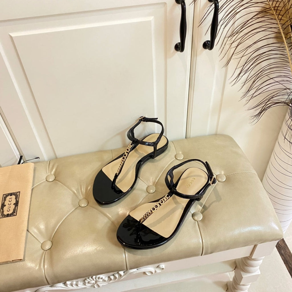 GUCCI SIGNORINA THONG SANDALS IN BLACK MIX BEIGE SHEEPSKIN