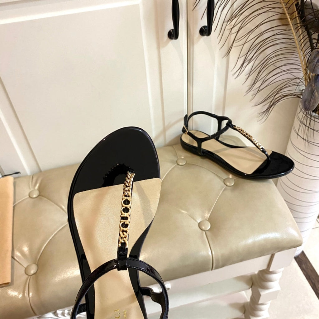 GUCCI SIGNORINA THONG SANDALS IN BLACK MIX BEIGE SHEEPSKIN
