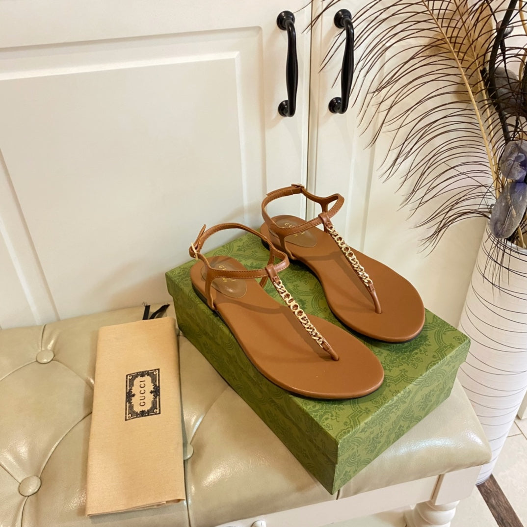 GUCCI SIGNORINA THONG SANDALS IN BRONZE BROWN SHEEPSKIN
