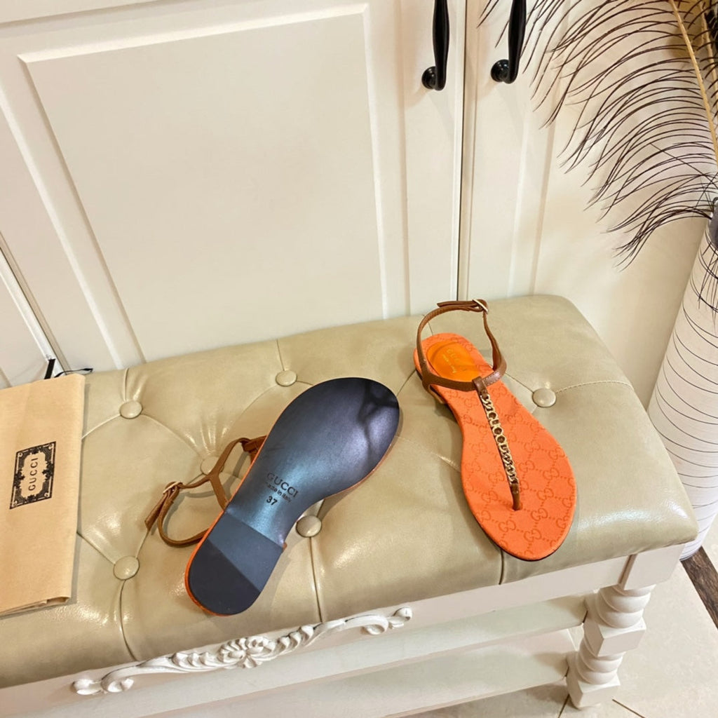 GUCCI SIGNORINA THONG SANDALS IN ORANGE MIX BROWN SHEEPSKIN
