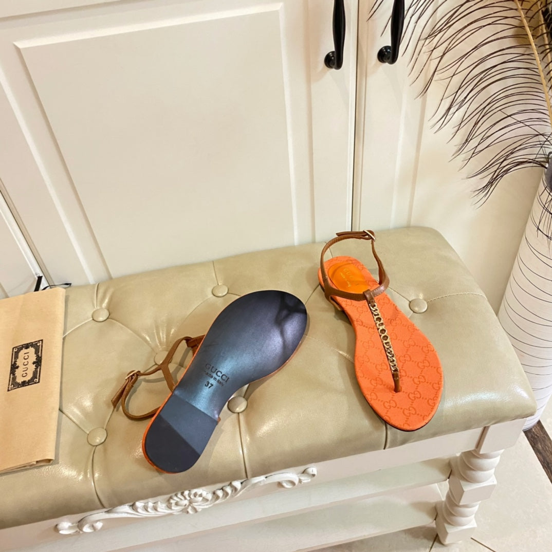GUCCI SIGNORINA THONG SANDALS IN ORANGE MIX BROWN SHEEPSKIN
