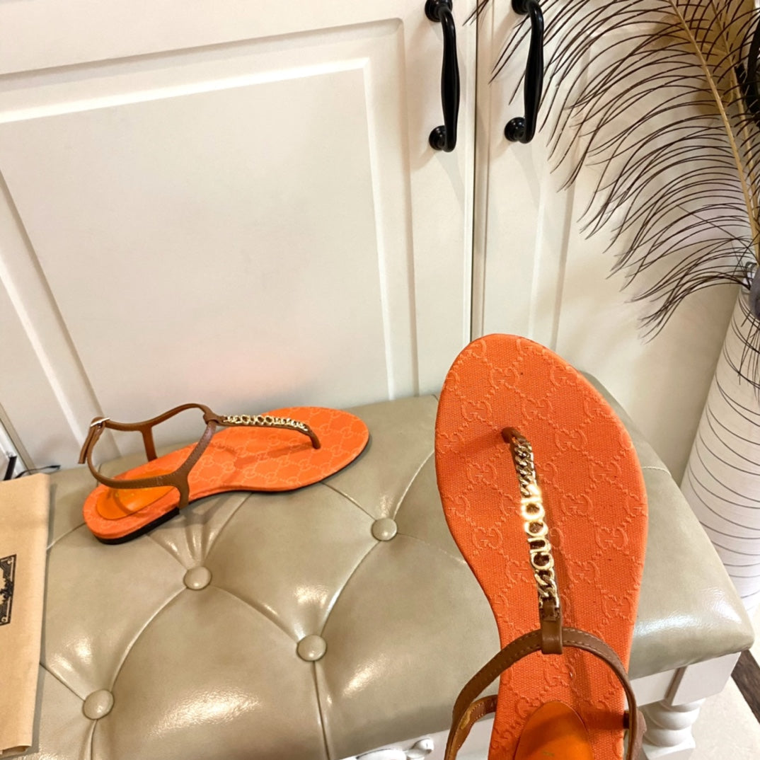 GUCCI SIGNORINA THONG SANDALS IN ORANGE MIX BROWN SHEEPSKIN