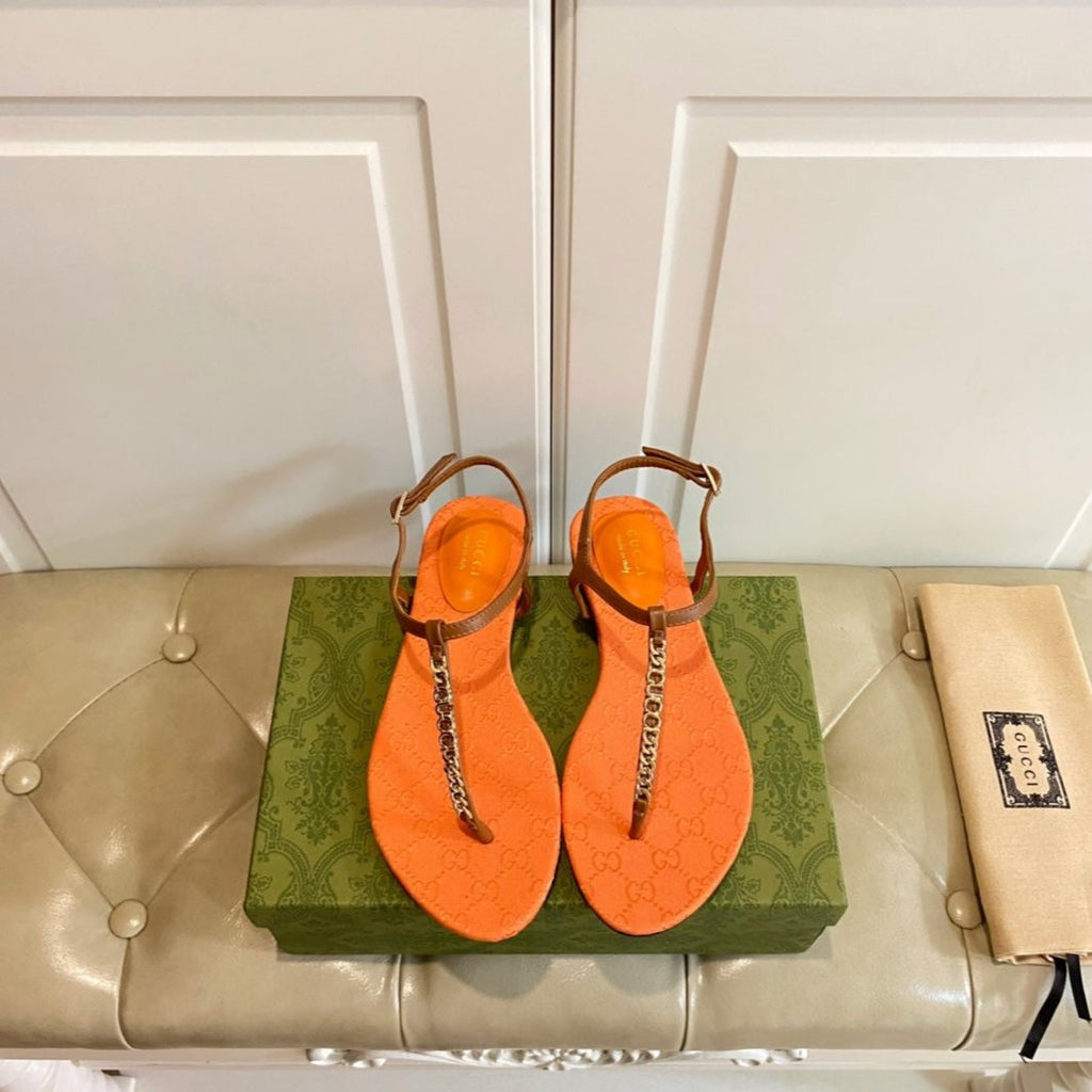 GUCCI SIGNORINA THONG SANDALS IN ORANGE MIX BROWN SHEEPSKIN