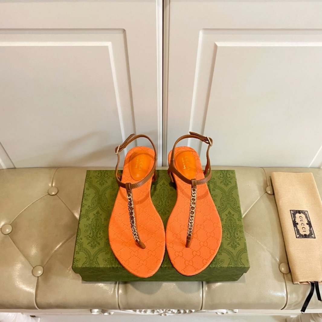GUCCI SIGNORINA THONG SANDALS IN ORANGE MIX BROWN SHEEPSKIN