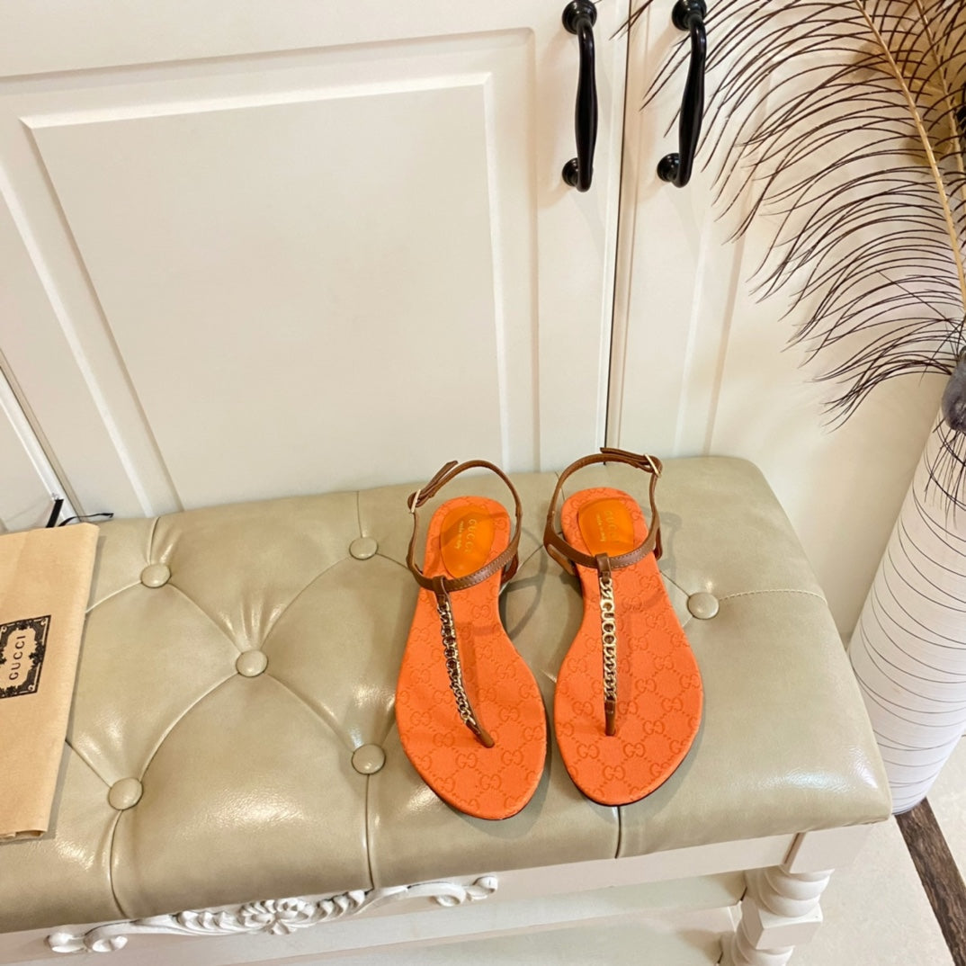 GUCCI SIGNORINA THONG SANDALS IN ORANGE MIX BROWN SHEEPSKIN