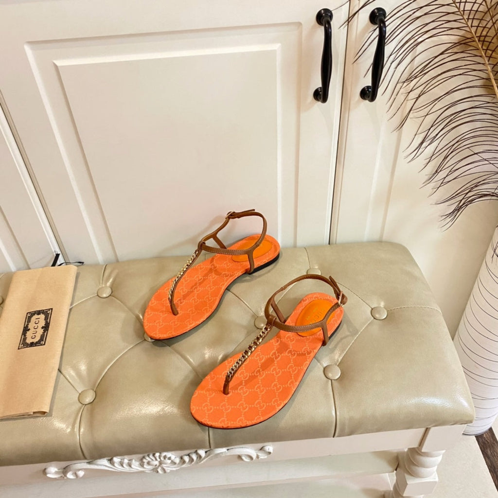 GUCCI SIGNORINA THONG SANDALS IN ORANGE MIX BROWN SHEEPSKIN