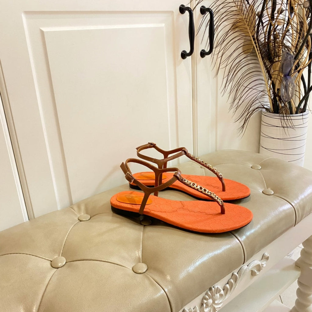 GUCCI SIGNORINA THONG SANDALS IN ORANGE MIX BROWN SHEEPSKIN