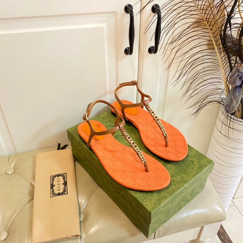 GUCCI SIGNORINA THONG SANDALS IN ORANGE MIX BROWN SHEEPSKIN
