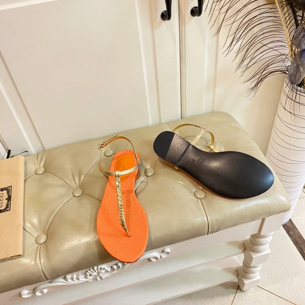 GUCCI SIGNORINA THONG SANDALS IN GOLD MIX ORANGE SHEEPSKIN