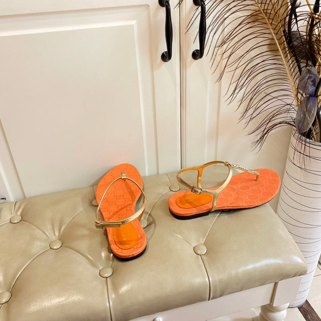 GUCCI SIGNORINA THONG SANDALS IN GOLD MIX ORANGE SHEEPSKIN