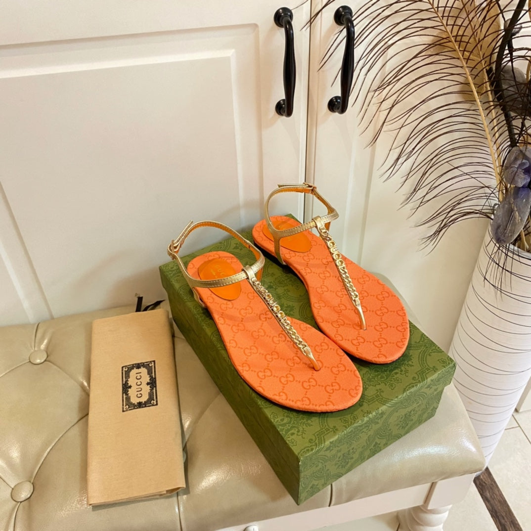 GUCCI SIGNORINA THONG SANDALS IN GOLD MIX ORANGE SHEEPSKIN